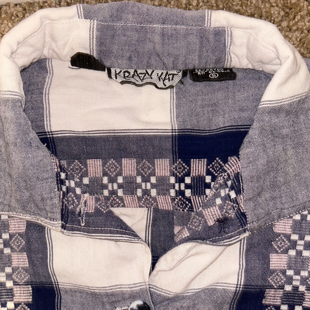 Vintage Krazy Kat Blue & White Aztec Pattern Plaid Button Up Shirt Size S |A111 - Picture 2 of 11
